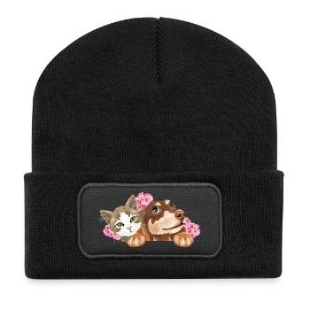 Chat mignon et teckel rêveur avec des fleurs roses - Beanie recyclé à patch - noir - Devant