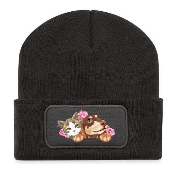 Chat mignon et teckel rêveur avec des fleurs roses - Beanie recyclé à patch - charbon - Devant