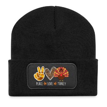 Peace Love Turkey Thanksgiving Autumn Vibes - Recycled Patch Beanie - black - Front
