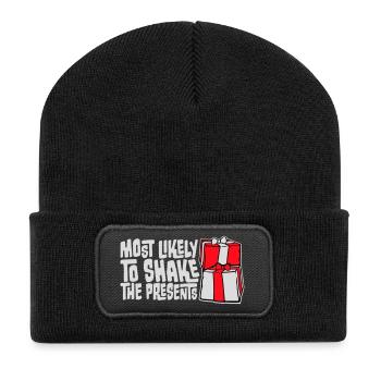 Most Likely to Shake the Presents Weihnachten Spaß - Recycelte Patch Beanie - Schwarz - Vorne