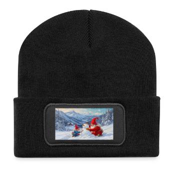 Two dwarfs and snowman in the winter landscape - Recycled Patch Beanie - black - Front