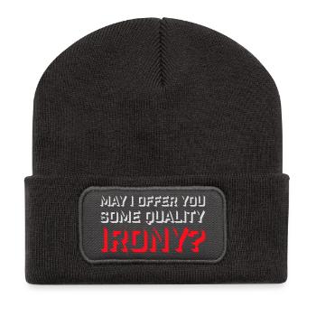 May I Offer You Some Quality Irony Lustiger Spruch - Recycelte Patch Beanie - Dunkelgrau - Vorne
