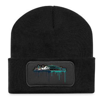 Sydney Skyline Neon-Tropfen Druck - Recycelte Patch Beanie - Schwarz - Vorne