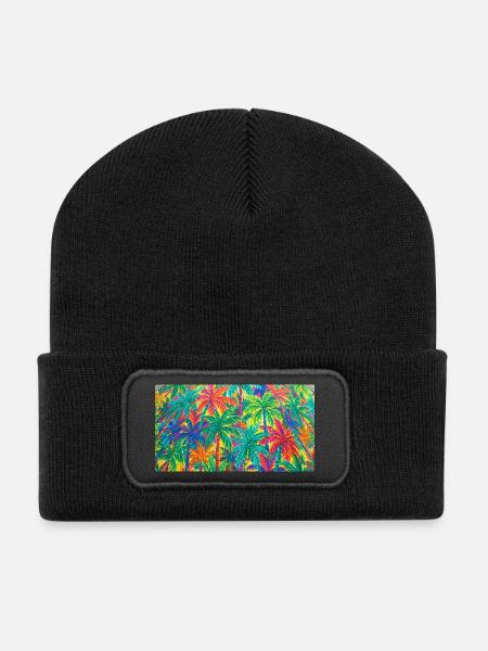 Palm Trees Tropical Pattern - Recycled Patch Beanie - black