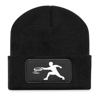 Frisbee Spieler Weiß Silhouette Symbol - Recycelte Patch Beanie - Schwarz - Vorne