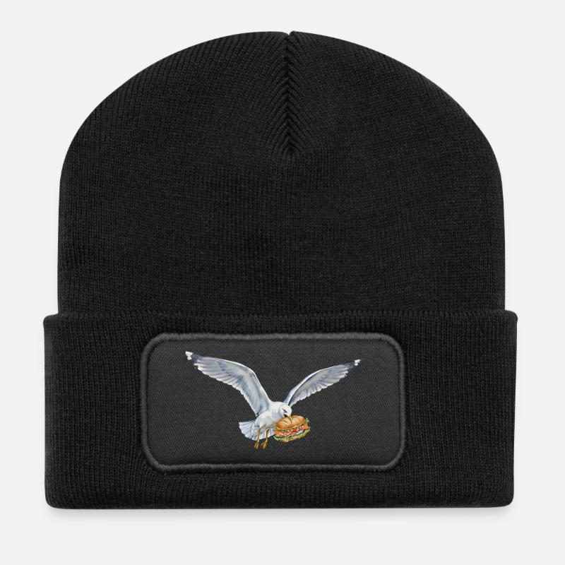 Lustige Möwe Stiehlt Fischbrötchen Strand - Recycelte Patch Beanie - Schwarz