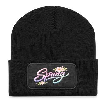 Spring Schriftzug mit Blüten - Recycelte Patch Beanie - Schwarz - Vorne
