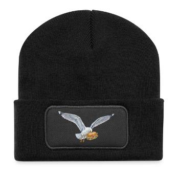 Mouette drôle vole un rouleau de poisson sur la plage - Beanie recyclé à patch - noir - Devant
