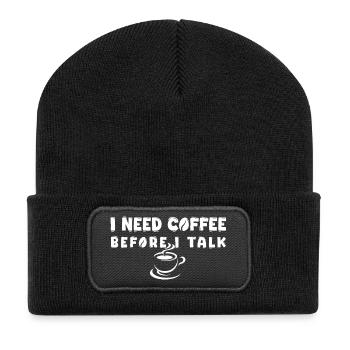 Ich brauche Kaffee, bevor ich lustige Kaffeeliebhaber Gif rede - Recycelte Patch Beanie - Schwarz - Vorne