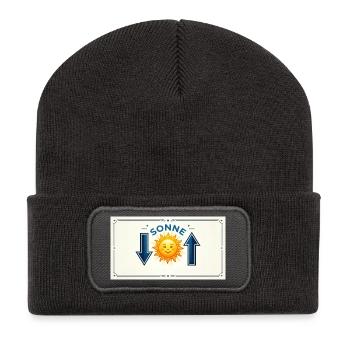 Minimalistische Balance: Sonne & Pfeile - Recycelte Patch Beanie - Dunkelgrau - Vorne