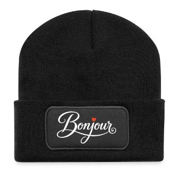 Bonjour with Love Heart in French France - Recycelte Patch Beanie - Schwarz - Vorne