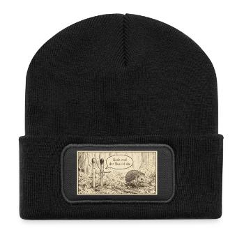 Bus im Wald: Igel trifft Streichholzduo - Recycelte Patch Beanie - Schwarz - Vorne