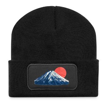 Blaues Bergpanorama mit roter Sonne Fuji Origami - Recycelte Patch Beanie - Schwarz - Vorne