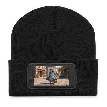 Pigeon voyageur en bonnet explorant une ville européenne - Beanie recyclé à patch - noir - Devant