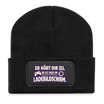 Er Hört Dir Zu Er Ist Nur Im Ladebildschirm - Recycelte Patch Beanie - Schwarz - Vorne