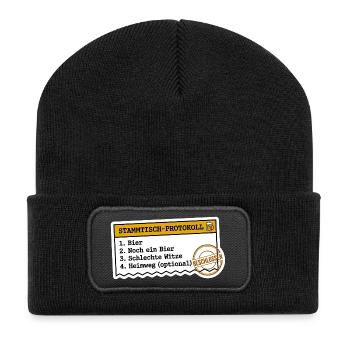Stammtisch Protokoll Bier Lustiger Spruch Humor - Recycelte Patch Beanie - Schwarz - Vorne