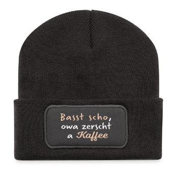 Bast scho owa zerscht a Kaffee - Recycelte Patch Beanie - Dunkelgrau - Vorne