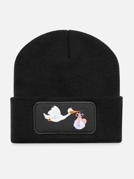 Cigogne avec bébé - Beanie recyclé à patch - noir