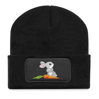 Häschen mit Möhre - Recycelte Patch Beanie - Schwarz - Vorne