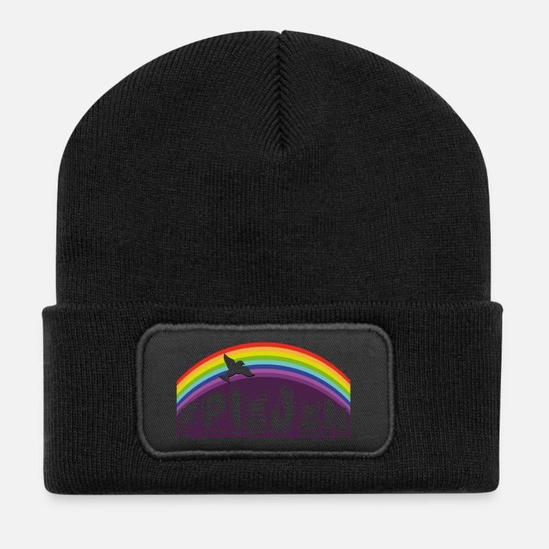 FRIEDEN SCHRIFTZUG mit Regenbogen - Recycelte Patch Beanie - Schwarz
