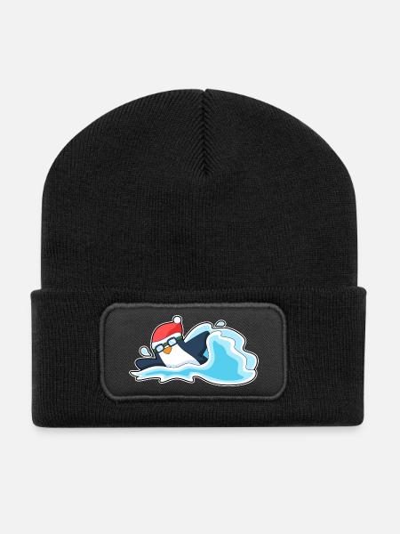 Penguin Christmas Swimming - Recycled Patch Beanie - black