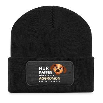 Lustiger Spruch, Kaffee hält Aggromon in Schach - Recycelte Patch Beanie - Schwarz - Vorne