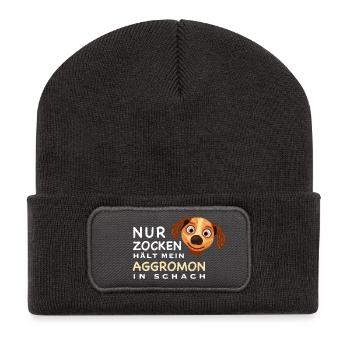 Lustiger Spruch, Zocken hält Aggromon in Schach - Recycelte Patch Beanie - Dunkelgrau - Vorne