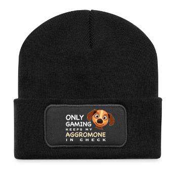 Lustig, Zocken hält Aggromone in Schach, Englisch - Recycelte Patch Beanie - Schwarz - Vorne