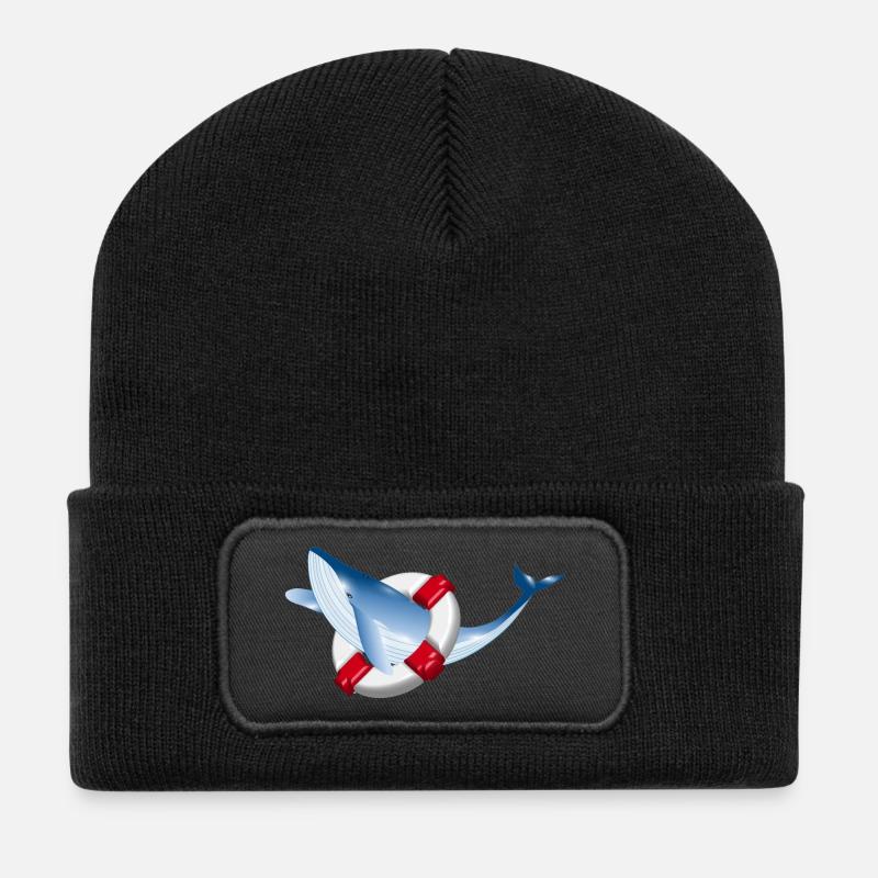 leuchtend blauer Wal Fisch mit Rettungsring - Recycelte Patch Beanie - Schwarz