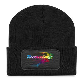 Colorful runner in sprint lettering "Running - Recycled Patch Beanie - black - Front