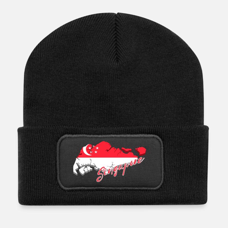 Landkarte von Singapur, Flagge von Singapur - Recycelte Patch Beanie - Schwarz