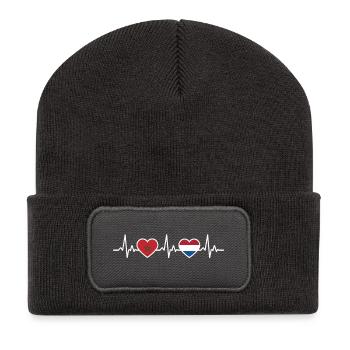 Marokko Niederlande Herzschlag Flagge Marokkaner - Recycelte Patch Beanie - Dunkelgrau - Vorne