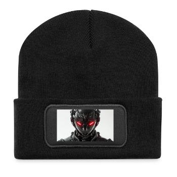 Futuristischer Roboter mit rot leuchtenden Augen - Recycelte Patch Beanie - Schwarz - Vorne