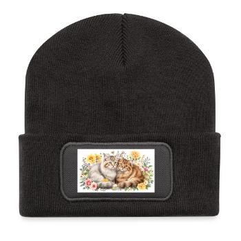 Pastel cats in spring bloom - Recycled Patch Beanie - dark grey - Front