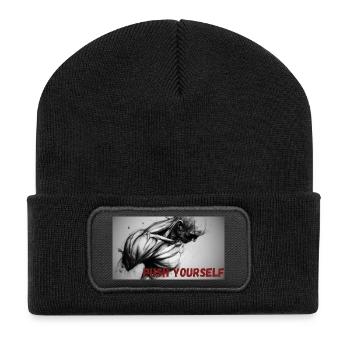 Dynamische Schwarzweiß-Motiv mit Motivationsspruch - Recycelte Patch Beanie - Schwarz - Vorne