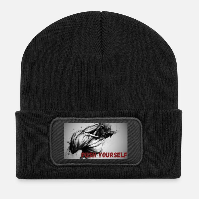 Dynamic Black and White Motif with Motivational Saying - Recycled Patch Beanie - black