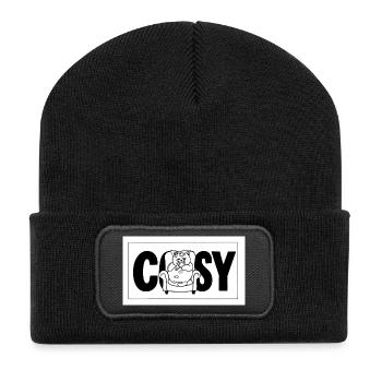 Gemütlicher Katzenkuschelsessel-Print - Recycelte Patch Beanie - Schwarz - Vorne