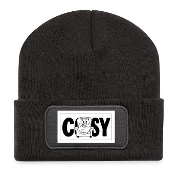 Gemütlicher Katzenkuschelsessel-Print - Recycelte Patch Beanie - Dunkelgrau - Vorne