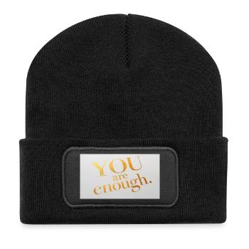 Motivierender Goldfolien-Textdruck - Recycelte Patch Beanie - Schwarz - Vorne