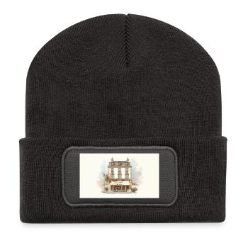 Pariser Café Aquarell Fassade - Recycelte Patch Beanie - Dunkelgrau - Vorne