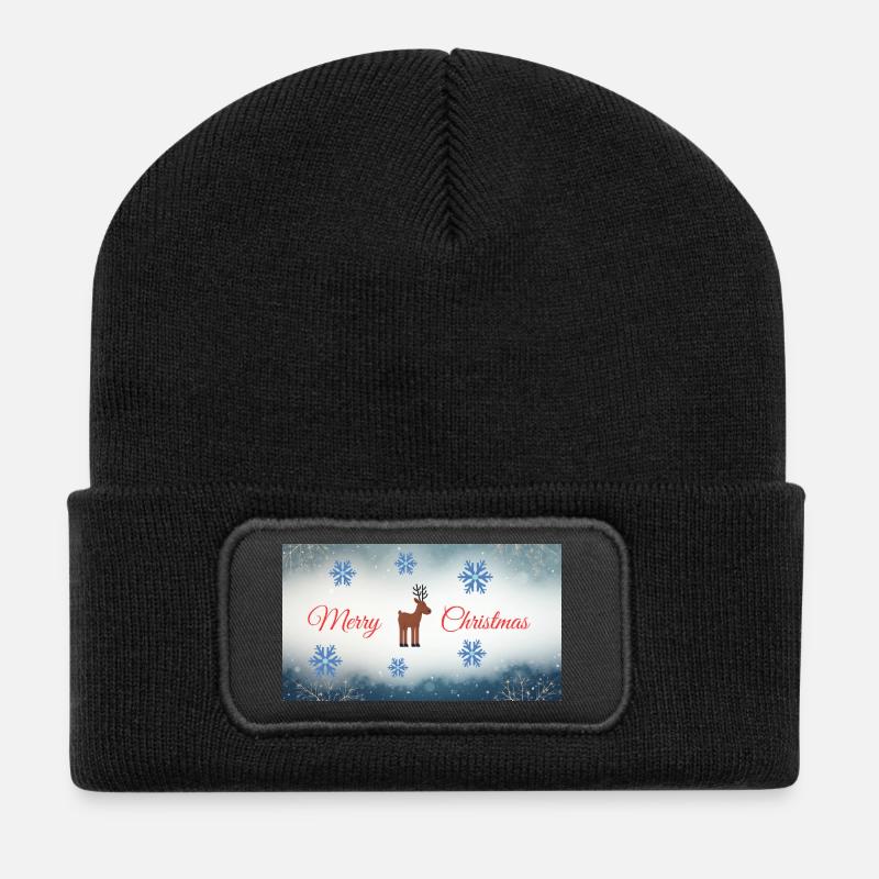 Merry Christmas Reh Motiv mit Schneeflocken - Recycelte Patch Beanie - Schwarz