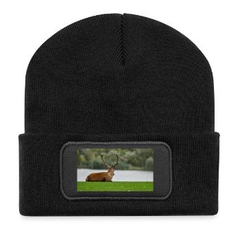 Hirsche am Ufer des Sees - Recycelte Patch Beanie - Schwarz - Vorne