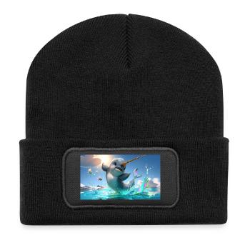 Narwal-Baby mit Gold-Horn springt aus dem Meer - Recycelte Patch Beanie - Schwarz - Vorne