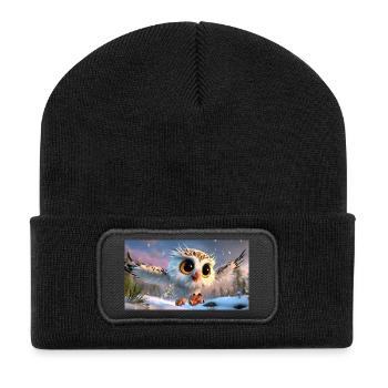 Fluffy snowy owl with googly eyes in flight - Recycled Patch Beanie - black - Front