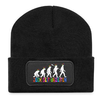 Jeck seit Urzeiten | Evolution Narren, Fastnacht - Recycelte Patch Beanie - Schwarz - Vorne