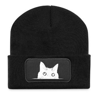 Guckende Katze - Recycelte Patch Beanie - Schwarz - Vorne