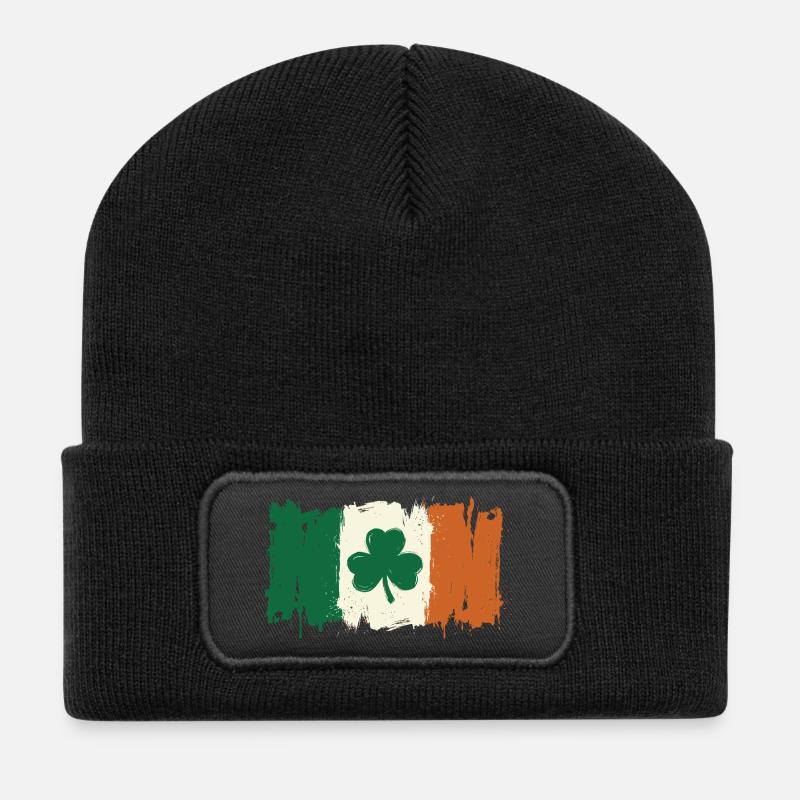 Brushed Shamrock Irish Flag - Recycled Patch Beanie - black