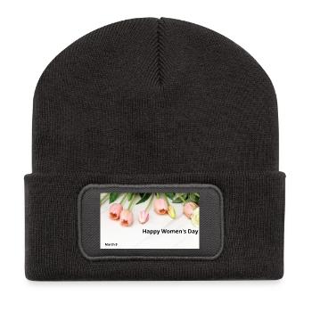 Happy Women's Day Pink Tulips - Recycled Patch Beanie - dark grey - Front