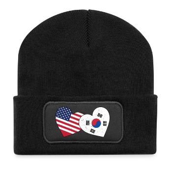 South Korea And US Flag American Korean - Recycled Patch Beanie - black - Front