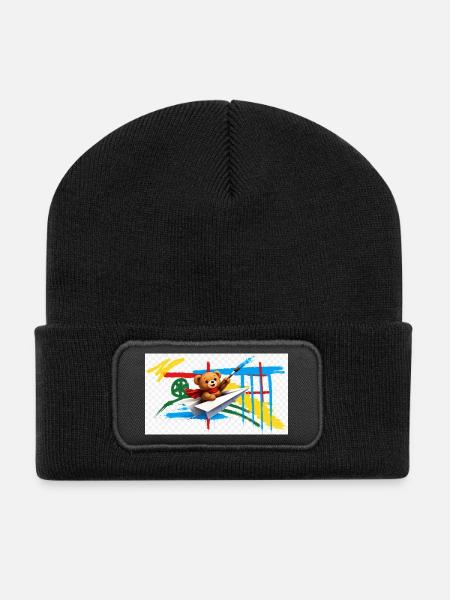 Teddybär fliegt Papierflugzeug - Recycelte Patch Beanie - Schwarz